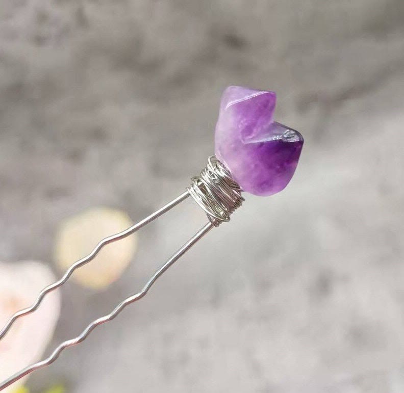 Épingle à cheveux en forme de fleur de quartz améthyste naturelle Olivenorma