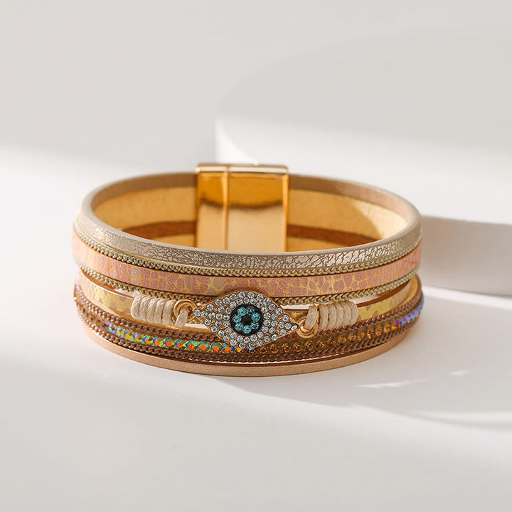 Bracelet Olivenorma en similicuir motif léopard avec zircon et mauvais œil