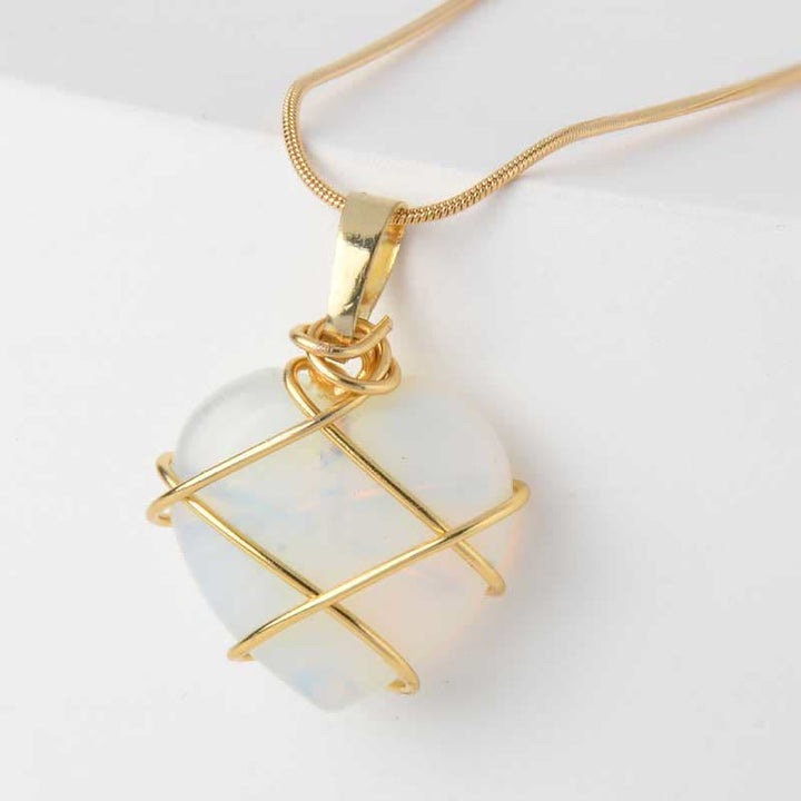 Collier en quartz rose en forme de cœur avec pierres précieuses Olivenorma 