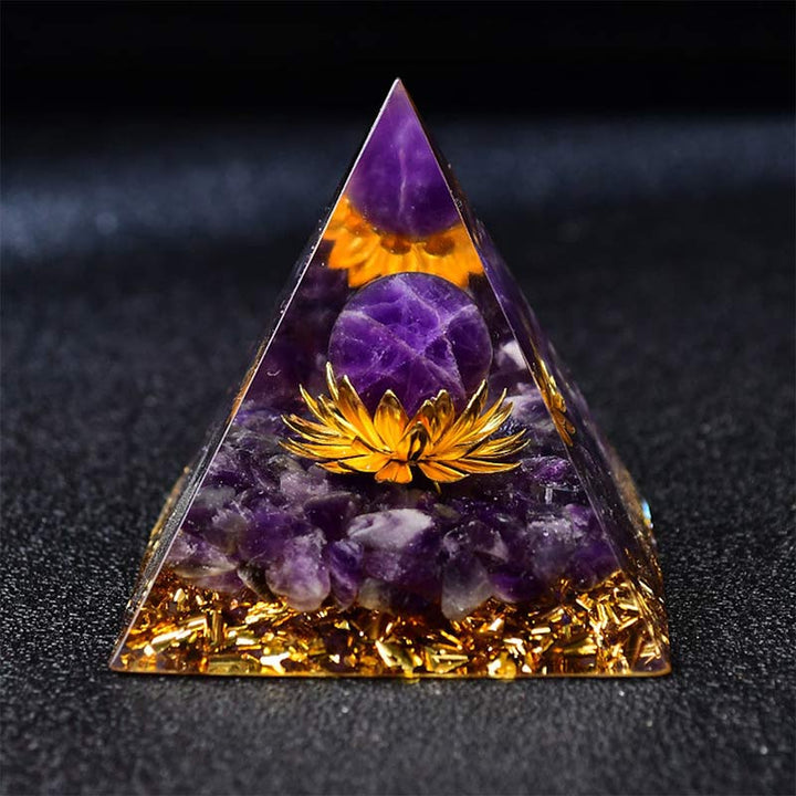 Sphère d'améthyste Olivenorma Symbole de lotus Pyramide d'orgone 