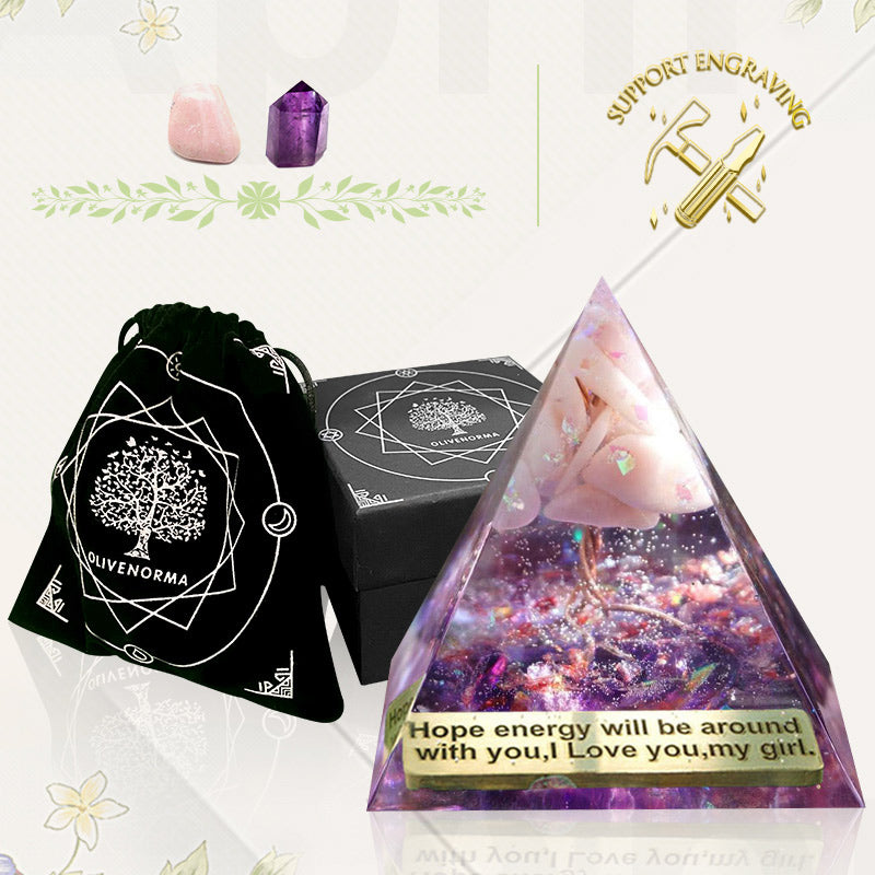 Pyramide d'orgone Olivenorma Tree Of Life en opale rose avec améthyste