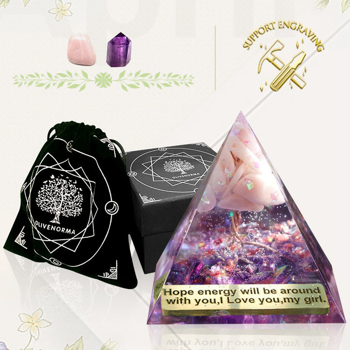 Pyramide d'orgone Olivenorma Tree Of Life en opale rose avec améthyste