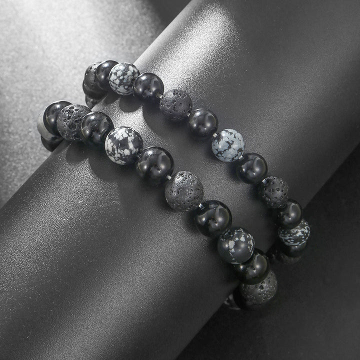Bracelet pour homme en perles de pierre de lave, obsidienne flocon de neige et onyx noir Olivenorma