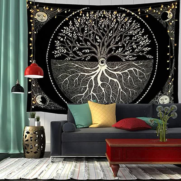 Tapisserie murale représentant l'arbre de vie et l'art de la méditation