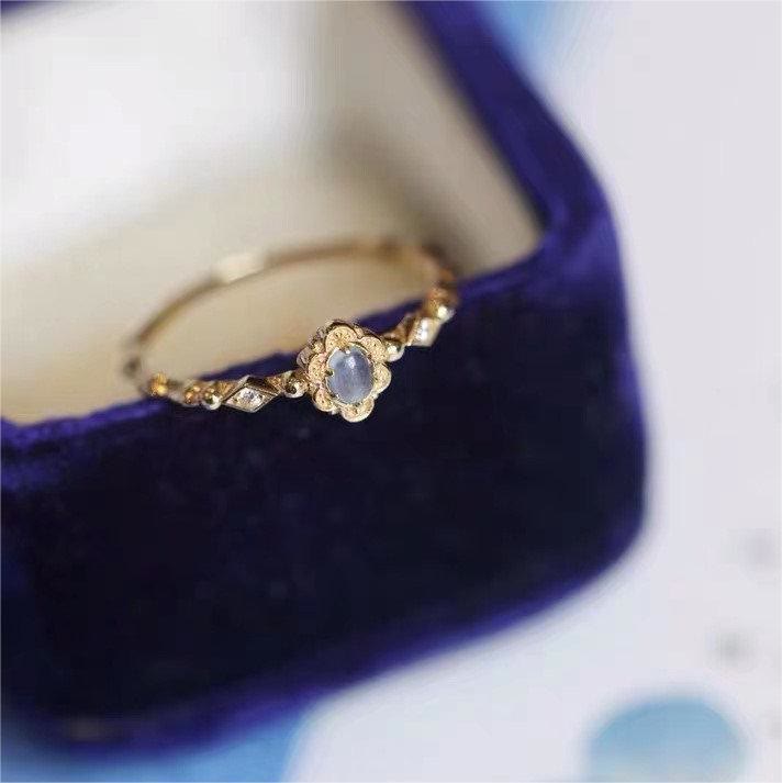 Bague vintage Olivenorma en aigue-marine naturelle et marguerites 