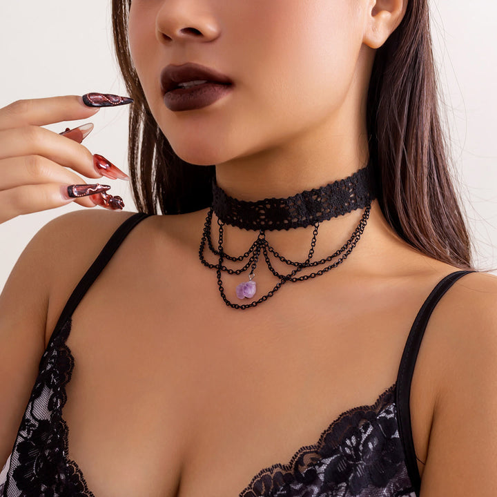 Collier ras du cou gothique en dentelle améthyste Olivenorma pour Halloween