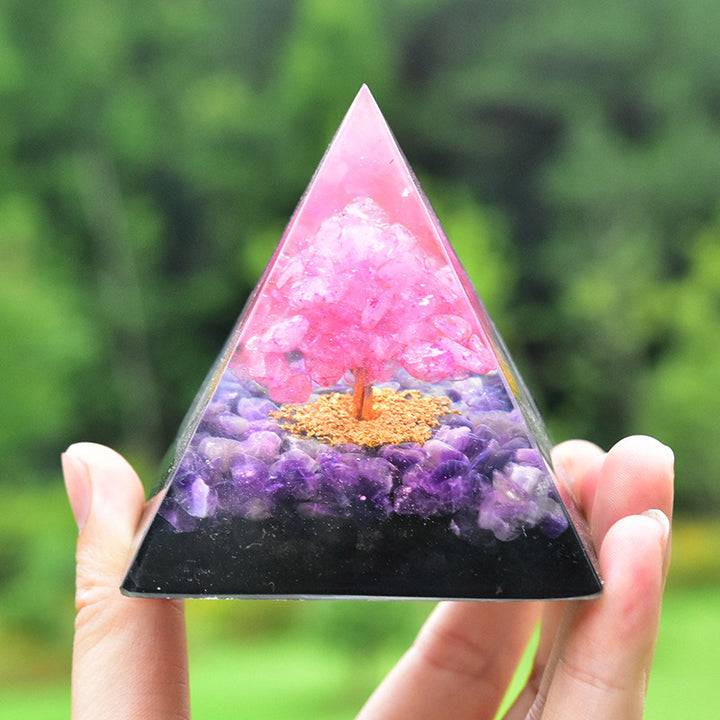 Pyramide d'orgone en obsidienne améthyste avec cristal rose Olivenorma