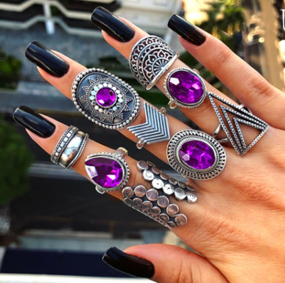 Ensemble de bagues creuses vintage en zircon violet Olivenorma, 9 pièces 