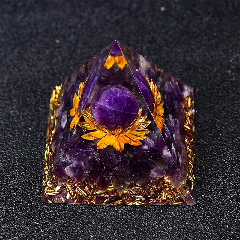 Sphère d'améthyste Olivenorma Symbole de lotus Pyramide d'orgone 