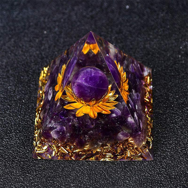 Sphère d'améthyste Olivenorma Symbole de lotus Pyramide d'orgone 