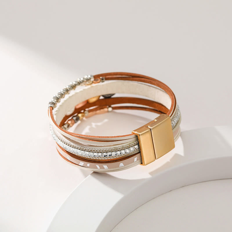 Bracelet en cuir à plusieurs niveaux avec feuille de zircon blanc et hématite Olivenorma