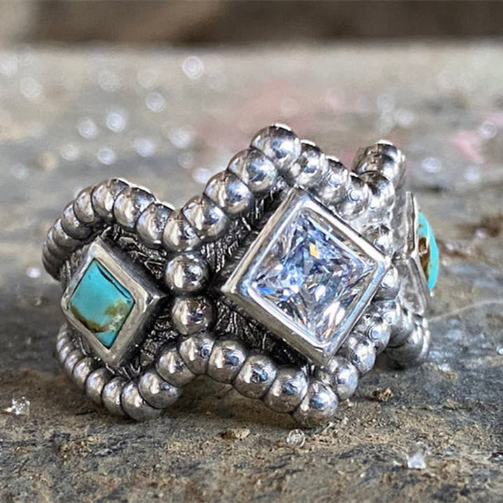 Bague vintage Olivenorma avec incrustation de turquoise et de zircon 