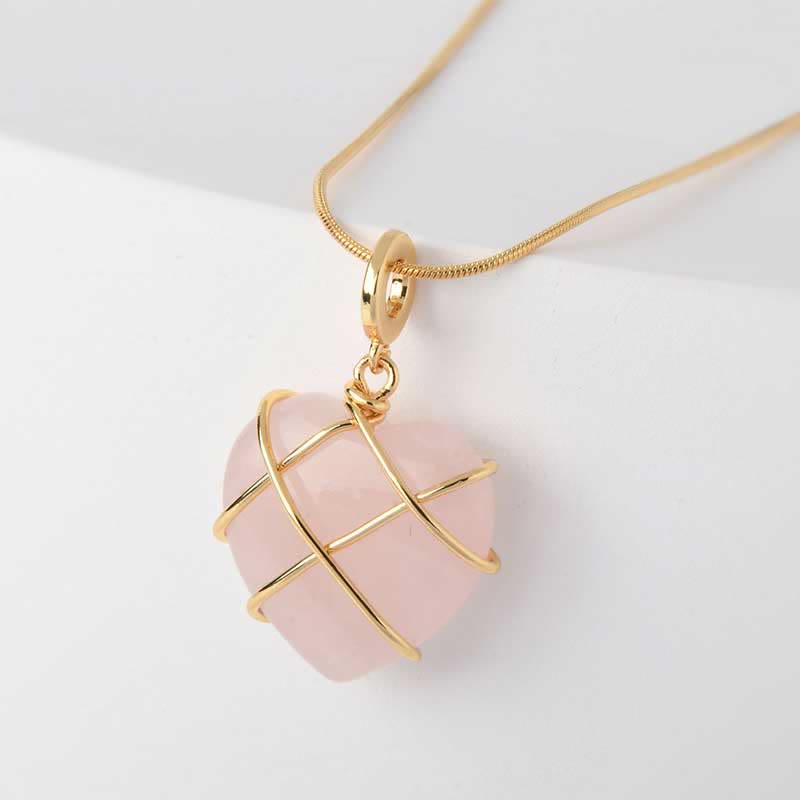 Collier en quartz rose en forme de cœur avec pierres précieuses Olivenorma 