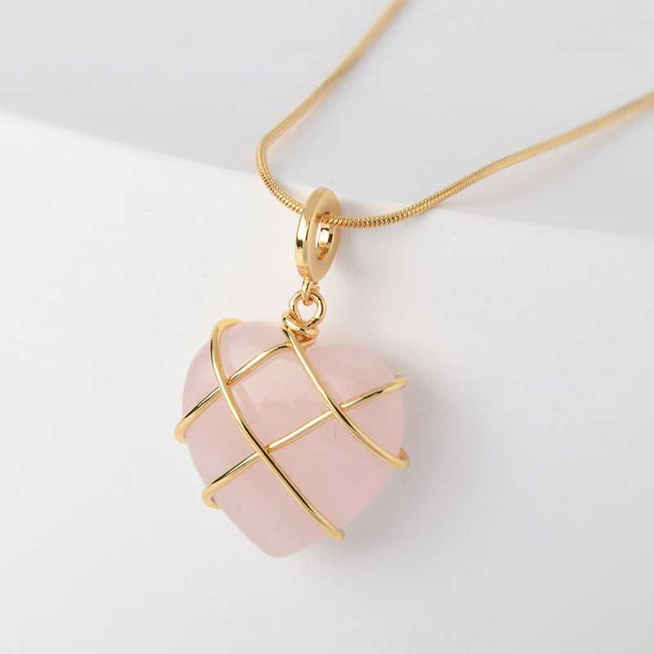 Collier en quartz rose en forme de cœur avec pierres précieuses Olivenorma 