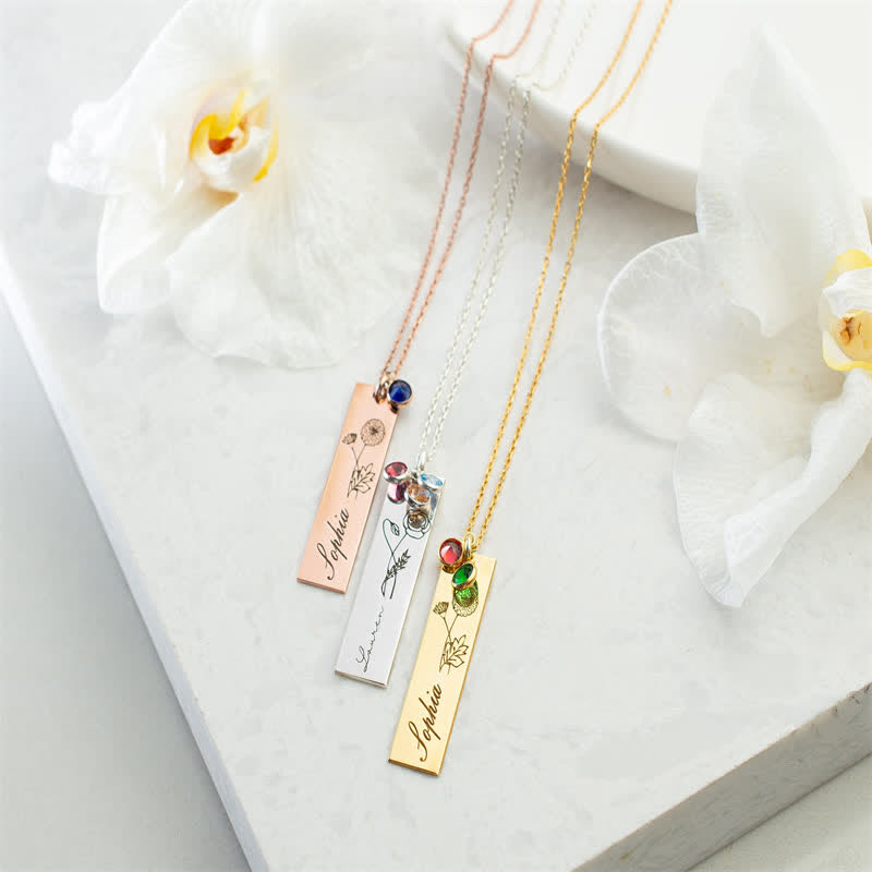Collier de bijoux personnalisé avec fleur de naissance et pierre de naissance Olivenorma avec nom