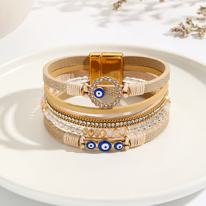 Bracelet large en cuir et métal avec zircon blanc et mauvais œil Olivenorma