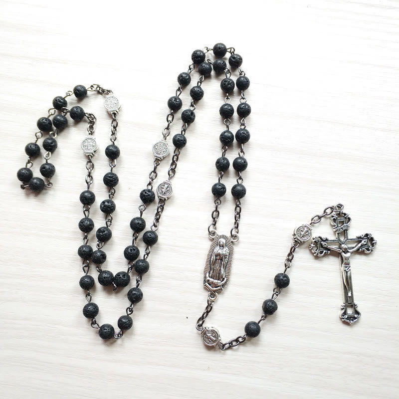 Collier chapelet avec pendentif en pierre de lave et croix catholique Olivenorma 
