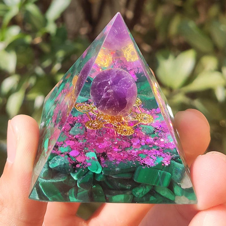 Symbole du cube de Métatron, améthyste Olivenorma, pyramide d'orgone