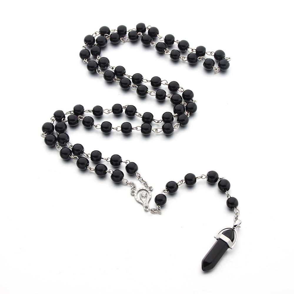 Collier chapelet avec pendentif hexagonal en cristal d'obsidienne chrétienne Olivenorma
