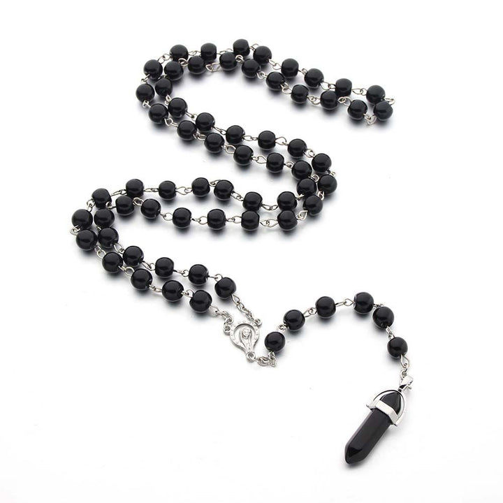 Collier chapelet avec pendentif hexagonal en cristal d'obsidienne chrétienne Olivenorma