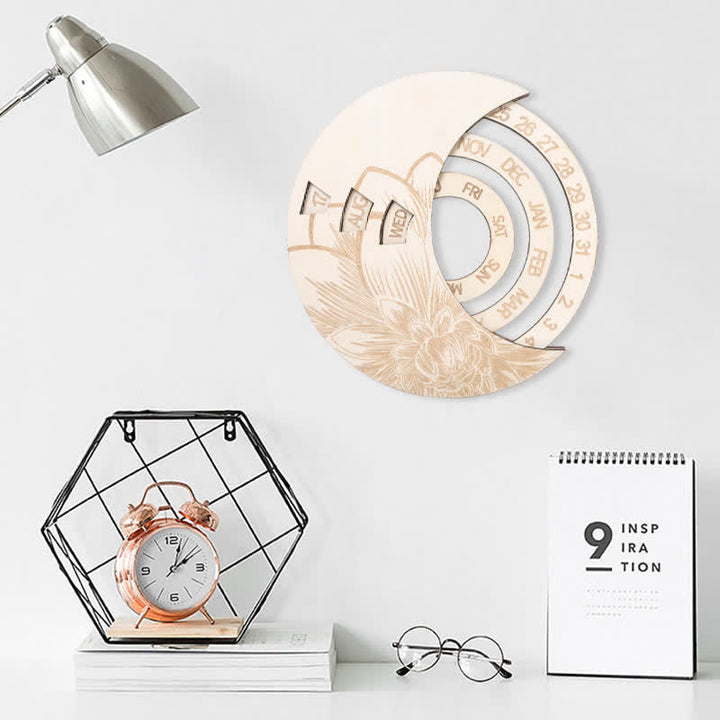 Calendrier perpétuel en forme de croissant de lune en bois avec cercle Olivenorma pour décoration murale