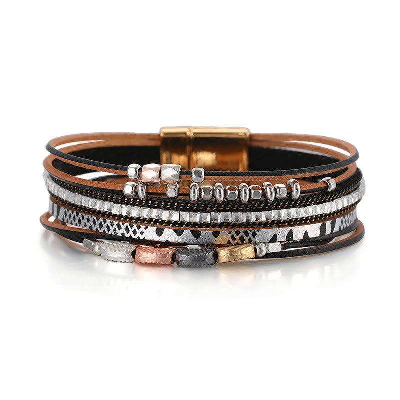 Bracelet en cuir à plusieurs niveaux avec feuille de zircon blanc et hématite Olivenorma