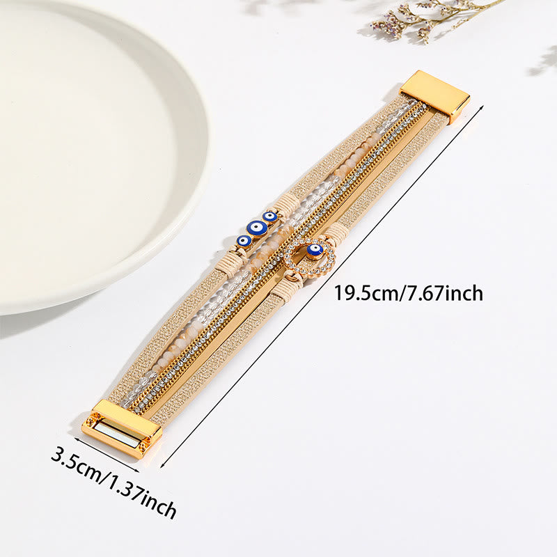 Bracelet large en cuir et métal avec zircon blanc et mauvais œil Olivenorma