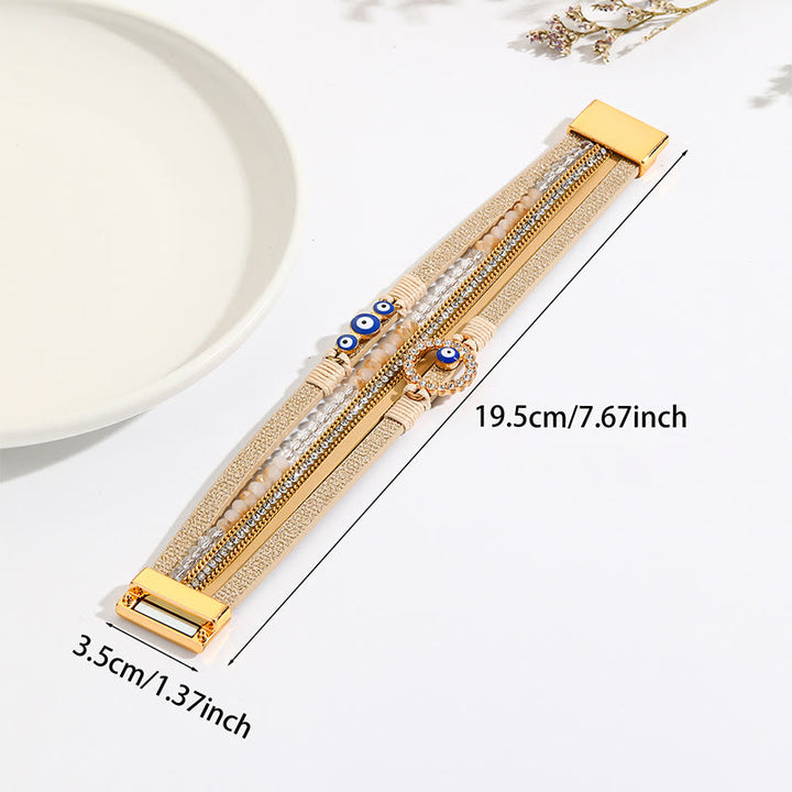 Bracelet large en cuir et métal avec zircon blanc et mauvais œil Olivenorma