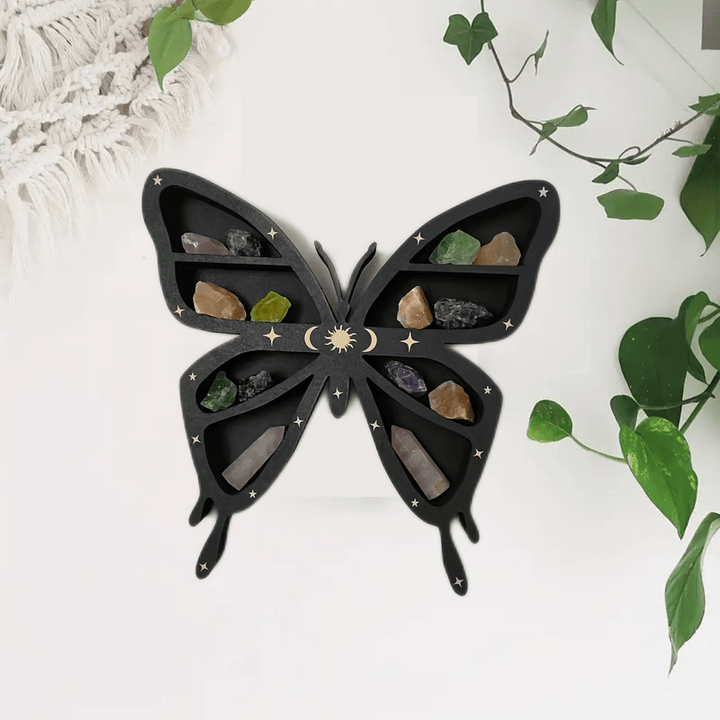 Etagère en cristal en bois foncé avec papillons, lune et étoiles Olivenorma