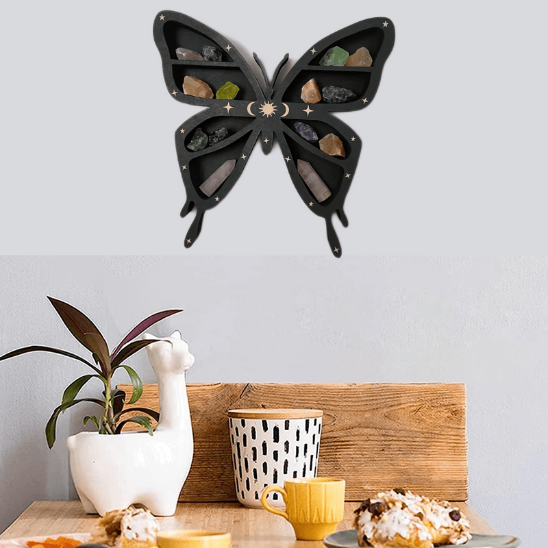 Etagère en cristal en bois foncé avec papillons, lune et étoiles Olivenorma
