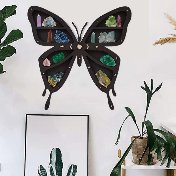 Etagère en cristal en bois foncé avec papillons, lune et étoiles Olivenorma