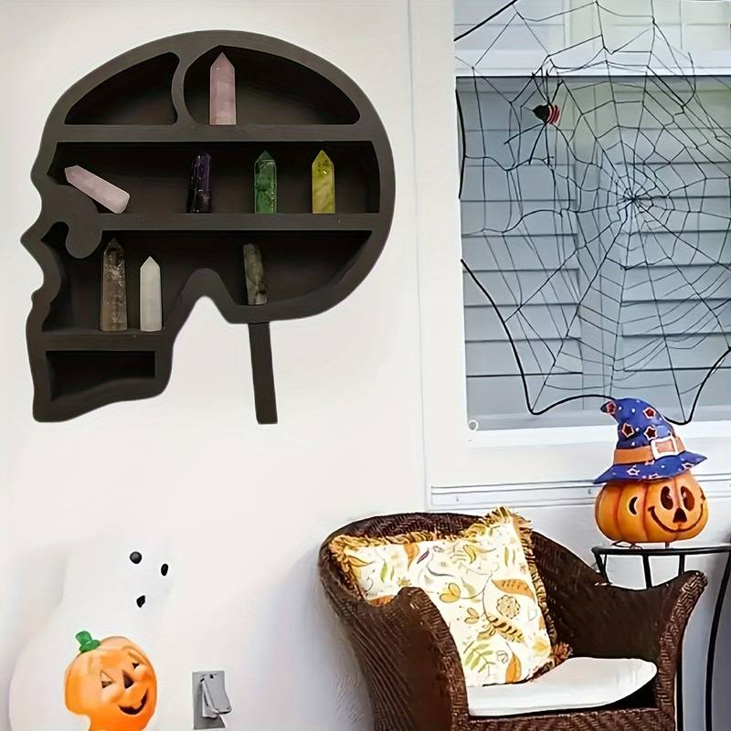 Etagère murale en cristal et bois avec tête de mort gothique Olivenorma