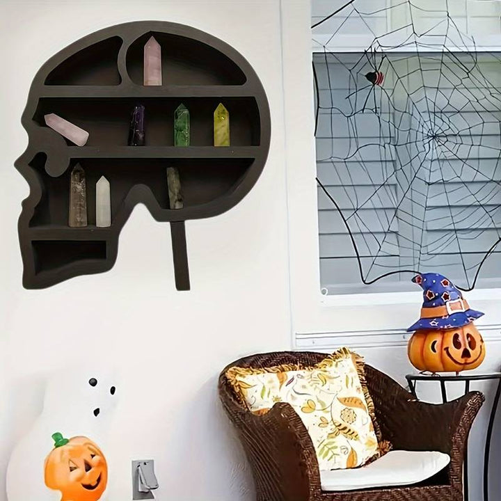 Etagère murale en cristal et bois avec tête de mort gothique Olivenorma