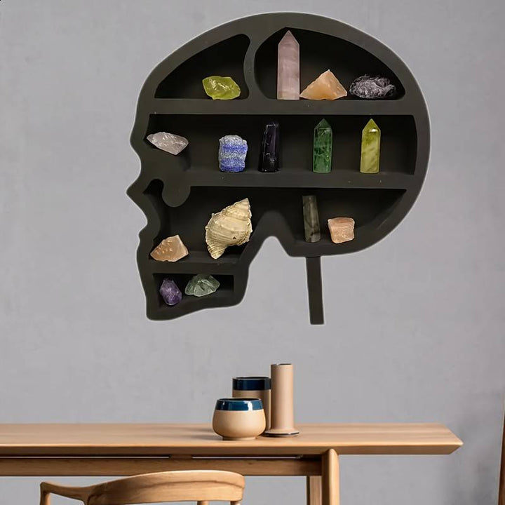 Etagère murale en cristal et bois avec tête de mort gothique Olivenorma