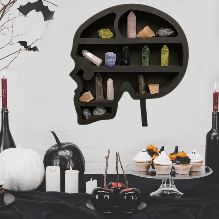 Etagère murale en cristal et bois avec tête de mort gothique Olivenorma