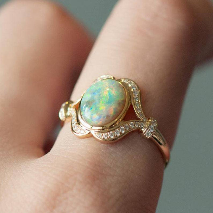 Bague de fiançailles vintage plaquée ou avec diamants opale du Mozambique Olivenorma « Lumière de paix »