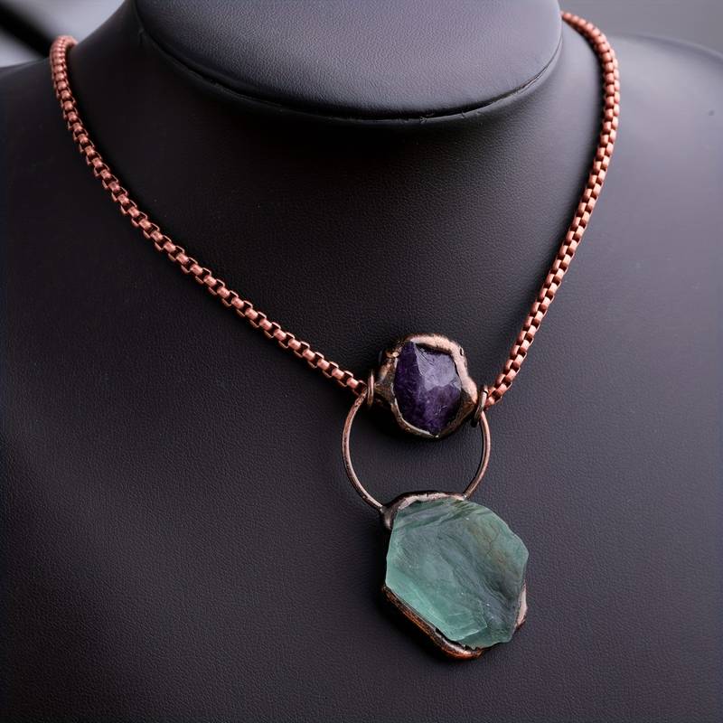 Collier en pierres précieuses améthyste et fluorite verte irrégulière Olivenorma