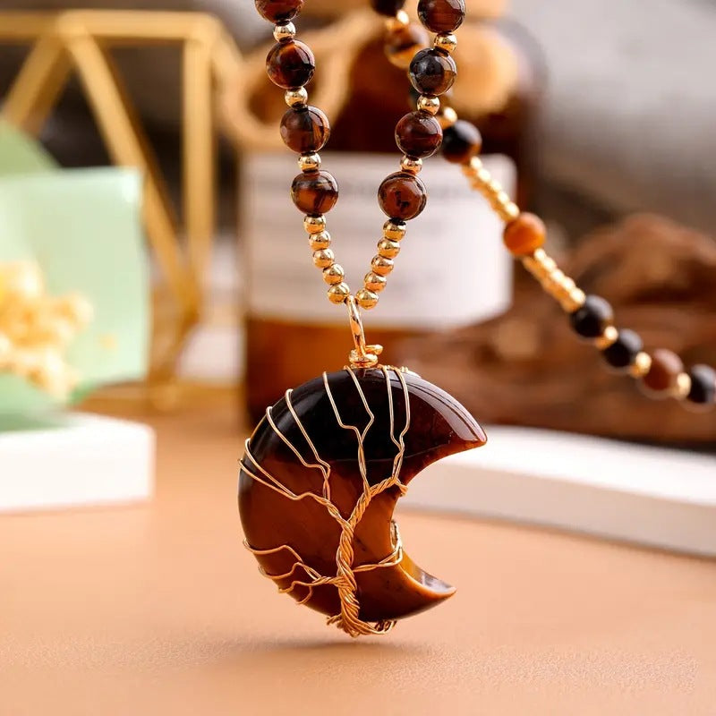 Collier de perles en cristal en forme d'arbre de vie en forme de lune Olivenorma