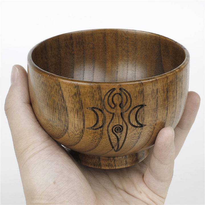 Bol sacré en bois avec pentagramme gravé et phases de la lune de la déesse Olivenorma