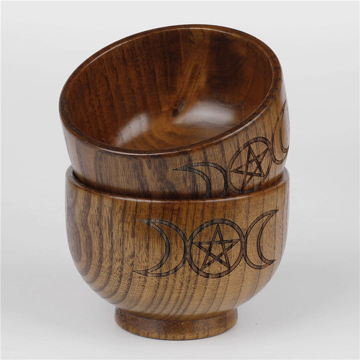 Bol sacré en bois avec pentagramme gravé et phases de la lune de la déesse Olivenorma