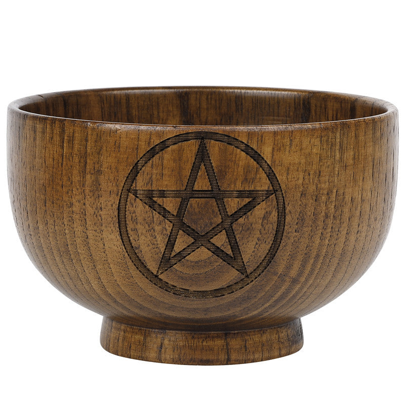 Bol sacré en bois avec pentagramme gravé et phases de la lune de la déesse Olivenorma