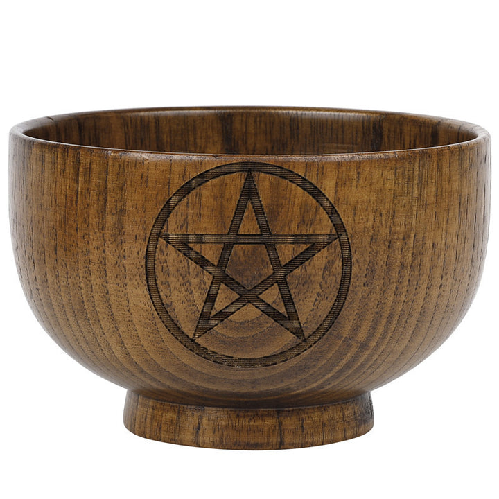 Bol sacré en bois avec pentagramme gravé et phases de la lune de la déesse Olivenorma