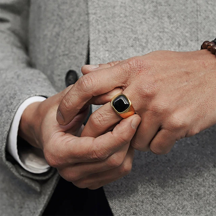 Bague vintage en acier titane et pierre naturelle Olivenorma - Or - Obsidienne - 12 - image 1