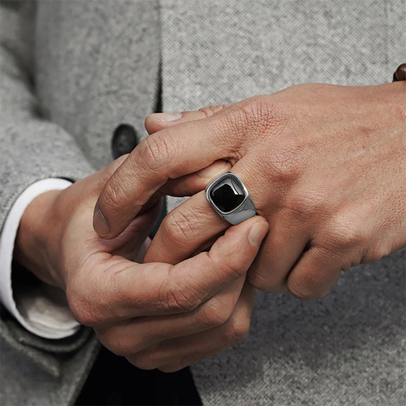 Bague vintage en acier titane et pierre naturelle Olivenorma - Argent - Obsidienne - 12 - image 10