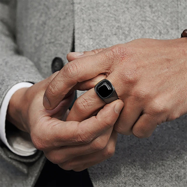 Bague vintage en acier titane et pierre naturelle Olivenorma - Noir - Obsidienne - 12 - image 14
