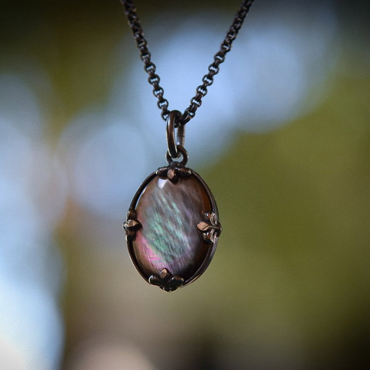 Collier miroir ovale vintage en pierre œil de chat Olivenorma 