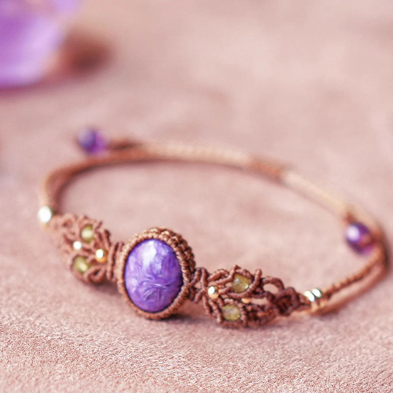 Bracelet tissé à la main en aigue-marine, lépidolite et charoïte naturelle Olivenorma
