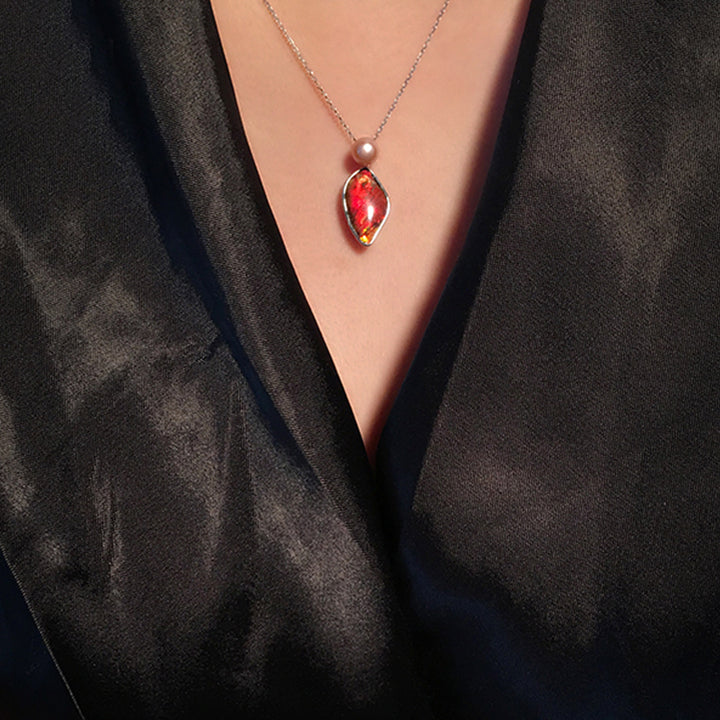 Collier en argent 925 avec perle d'eau douce et ammolite naturelle Olivenorma