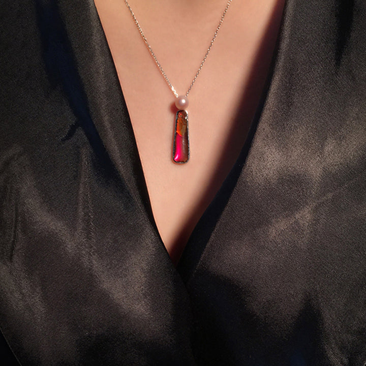 Collier en argent 925 avec perle d'eau douce et ammolite naturelle Olivenorma