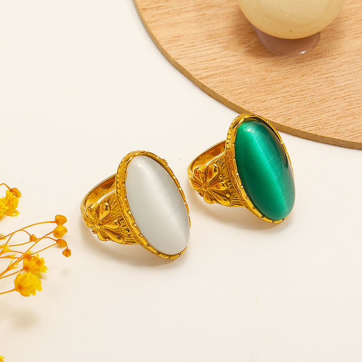 Bague en pierre ovale œil de chat blanc vert Olivenorma